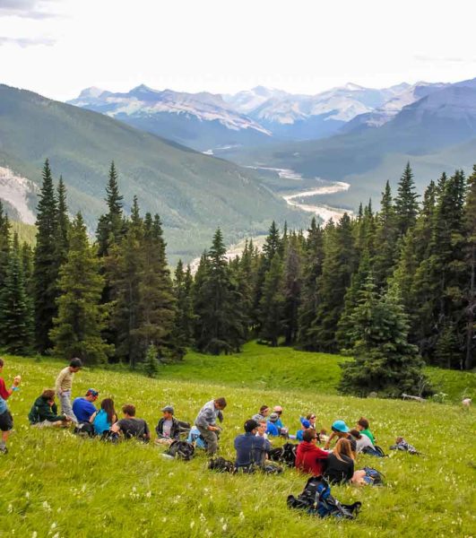 Lunch stop half way up powderface ridge Alberta Canada