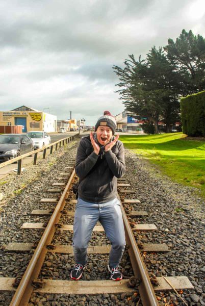 Walking across the Invercargill train tracks