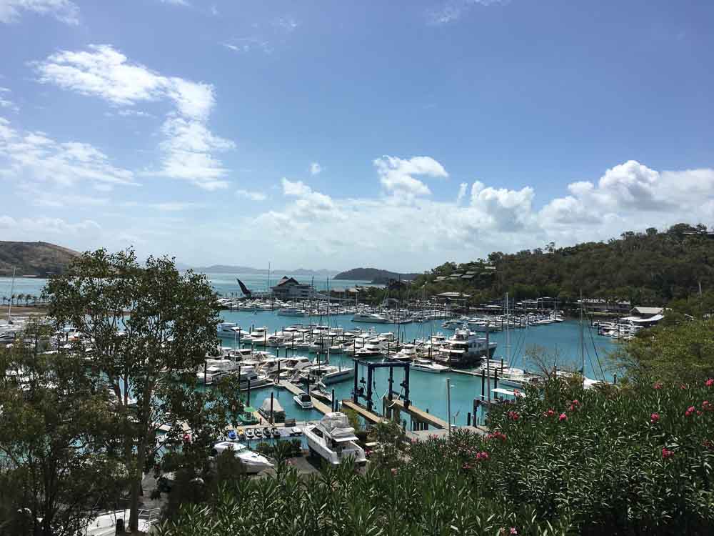 Hamilton Island Marina from the hill. Ours is moored on the further arm.