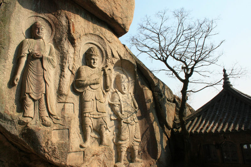 Buddhist Monk carvings in the mountain at seokbulsa Korea