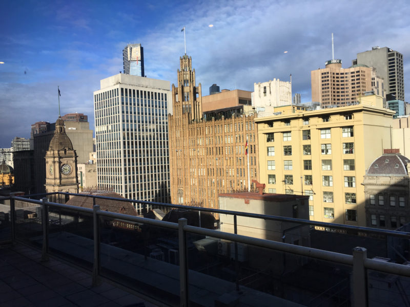 The view from the pool and spa room at the Victoria Hotel Melbourne