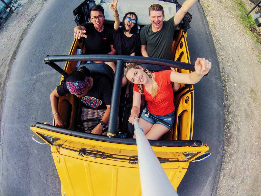 Blog squad cruising Bali in a VW convertible