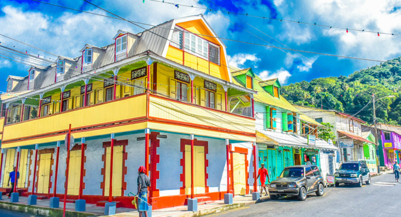 The colourful main street of Soufriere St Lucia