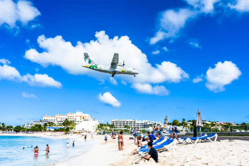 Planes flying over Maho Beach St Maarten