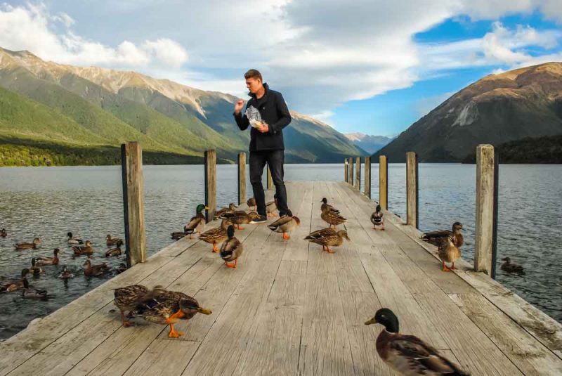 Feding the Ducks at Lake Rotoiti, Nelson Lakes National Park New Zealand