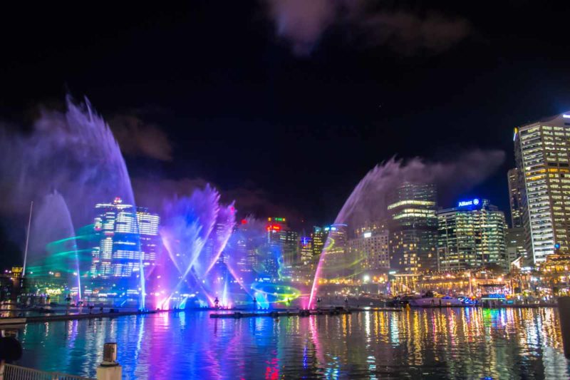 Vivid Sydney Magicians of the Mist light and fountain show Darling Harbour