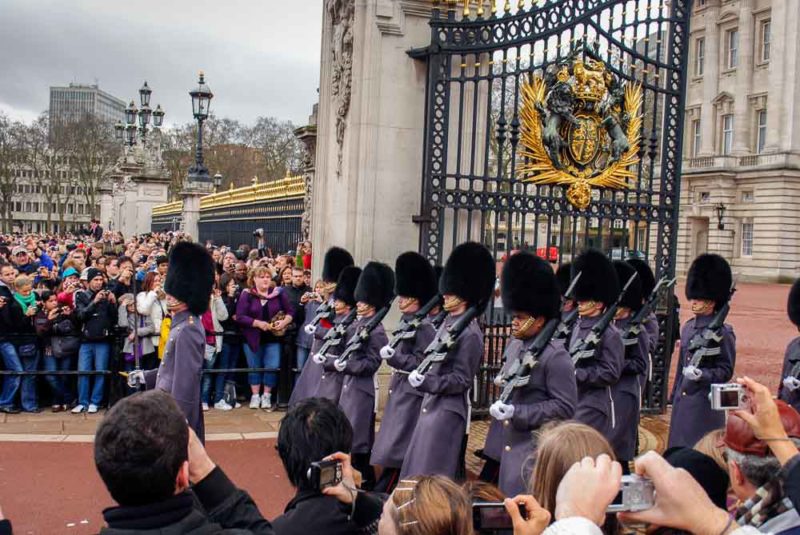 Changing of the guards at Buckingham Palace in their winter uniform