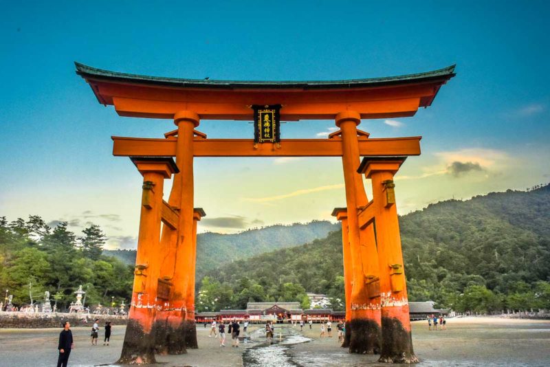 Itsukushima Otorii Floating Game at low tide Miyajima Island