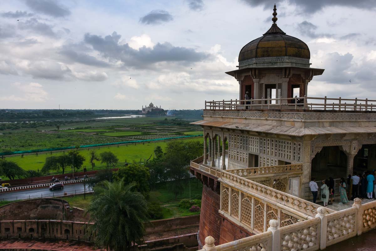 Sheesh Mahal at Agra Fort and Taj Mahal in the distance